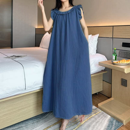 Ownkoti Plus Size Minimalist Cotton Ruffle Sleeveless Nightgown - Dark Blue - 5XL - image 24