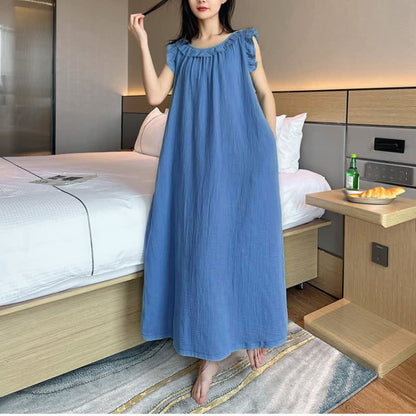 Ownkoti Plus Size Minimalist Cotton Ruffle Sleeveless Nightgown - Blue - 5XL - image 6