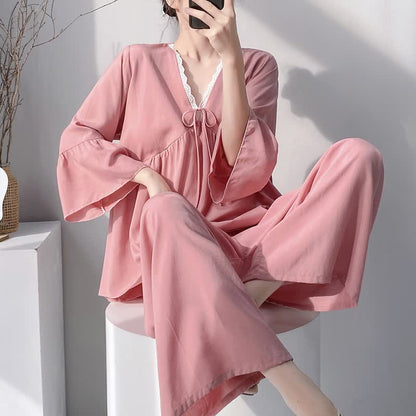 Ownkoti Solid V-Neck Lace Trim Pajama Set - Pink - XXL - image 16