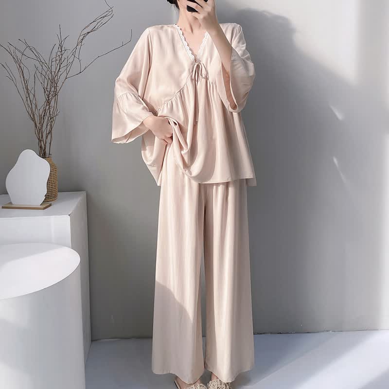 Ownkoti Solid V-Neck Lace Trim Pajama Set - image 14