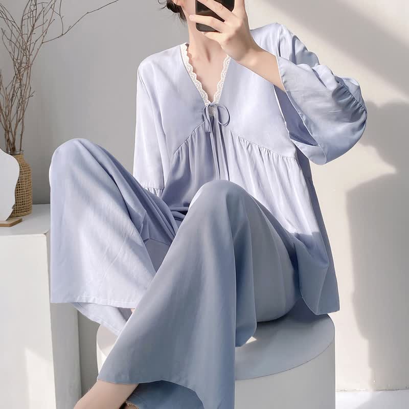 Ownkoti Solid V-Neck Lace Trim Pajama Set - Blue - XXL - image 6