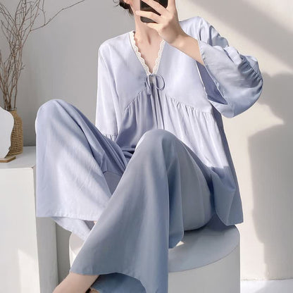 Ownkoti Solid V-Neck Lace Trim Pajama Set - Blue - XXL - image 6