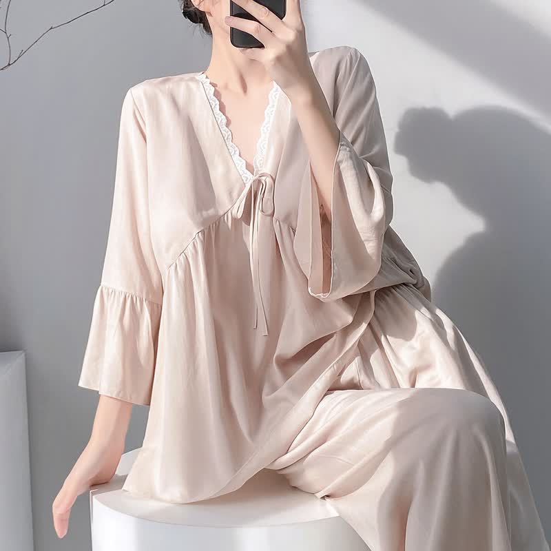Ownkoti Solid V-Neck Lace Trim Pajama Set - image 13