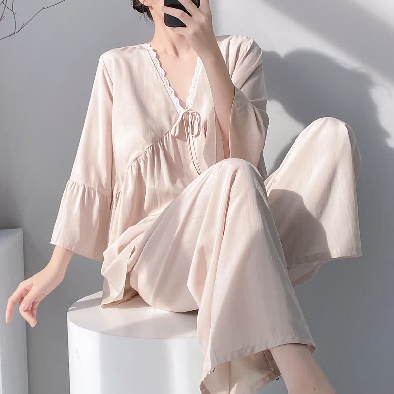Ownkoti Solid V-Neck Lace Trim Pajama Set - Beige - XXL - image 12