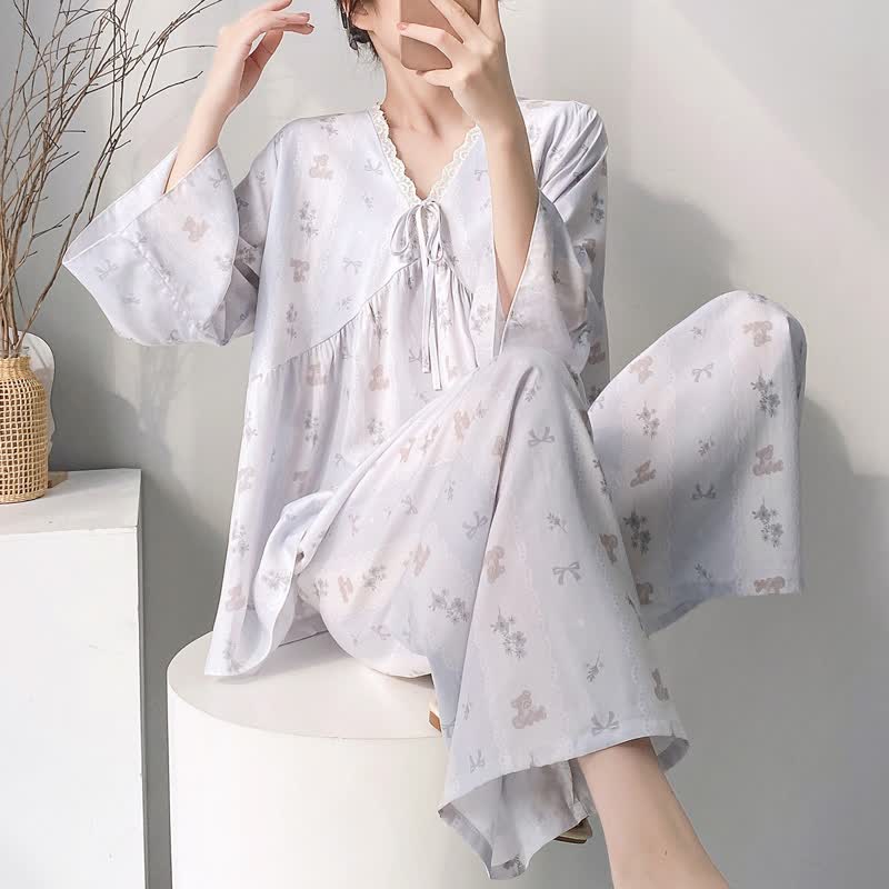 Ownkoti Floral & Bow V-Neck Lace Trim Pajama Set - Gray - XXL - image 0