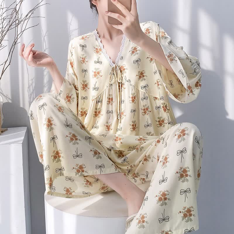 Ownkoti Rustic Floral & Bow Lace Trim Pajamas - Beige - XXL - image 0