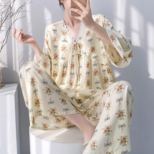 Ownkoti Rustic Floral & Bow Lace Trim Pajamas - Beige - XXL - image 0