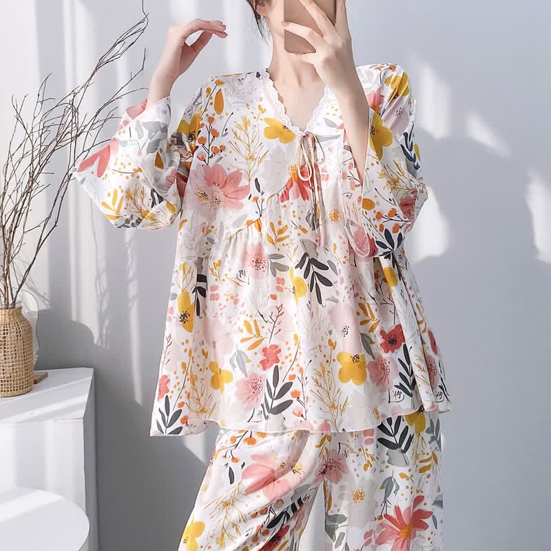 Ownkoti Floral & Leaf Lace Trim Pajama Set - image 1