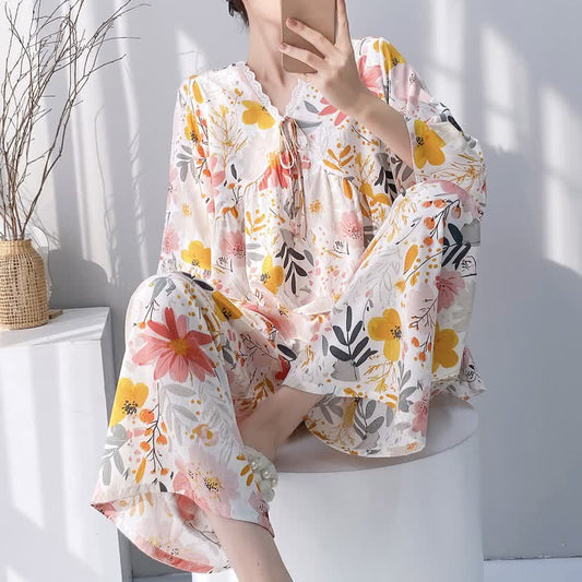 Ownkoti Floral & Leaf Lace Trim Pajama Set - Beige - XXL - image 0