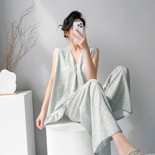 Ownkoti Subtle Floral Leaf Tank & Pants Pajamas - Green - XXL - image 0