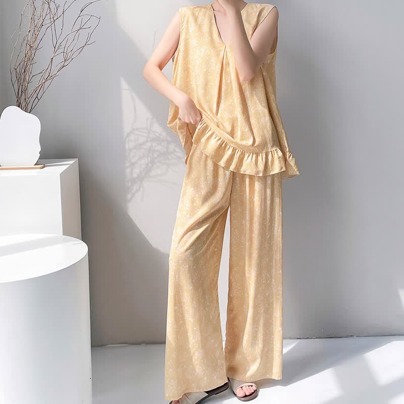 Ownkoti Yellow Floral Leaf Tank & Pants Pajamas - image 2