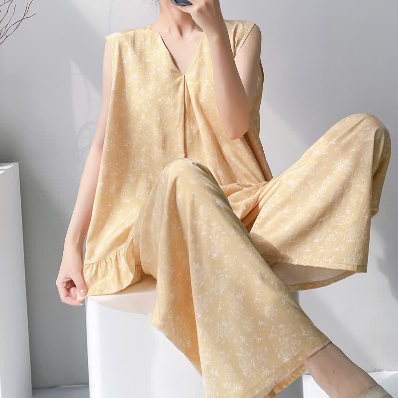 Ownkoti Yellow Floral Leaf Tank & Pants Pajamas - Yellow - XXL - image 0