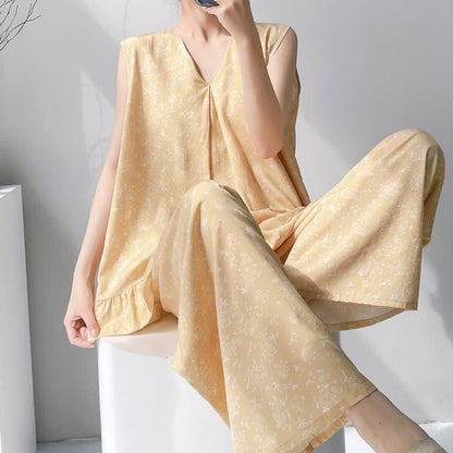Ownkoti Yellow Floral Leaf Tank & Pants Pajamas - Yellow - XXL - image 0