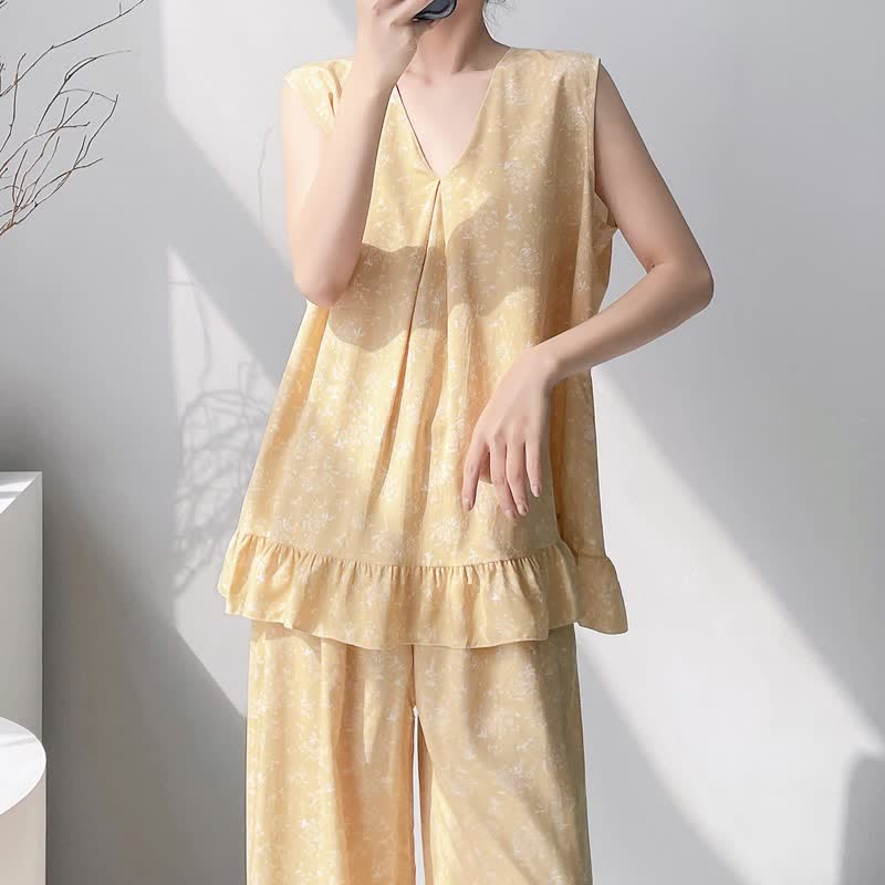 Ownkoti Yellow Floral Leaf Tank & Pants Pajamas - image 4