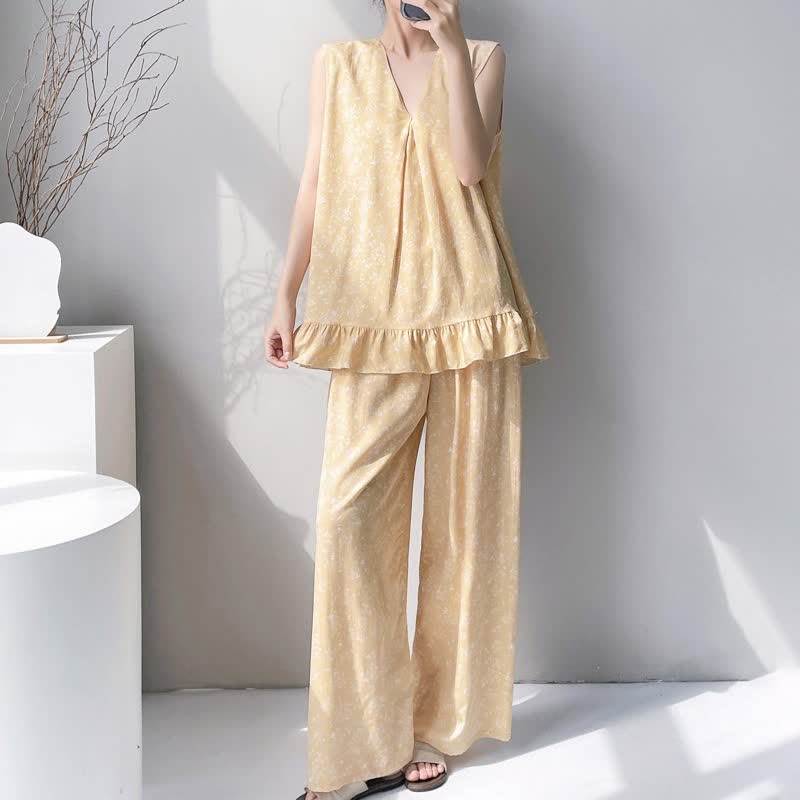 Ownkoti Yellow Floral Leaf Tank & Pants Pajamas - image 1