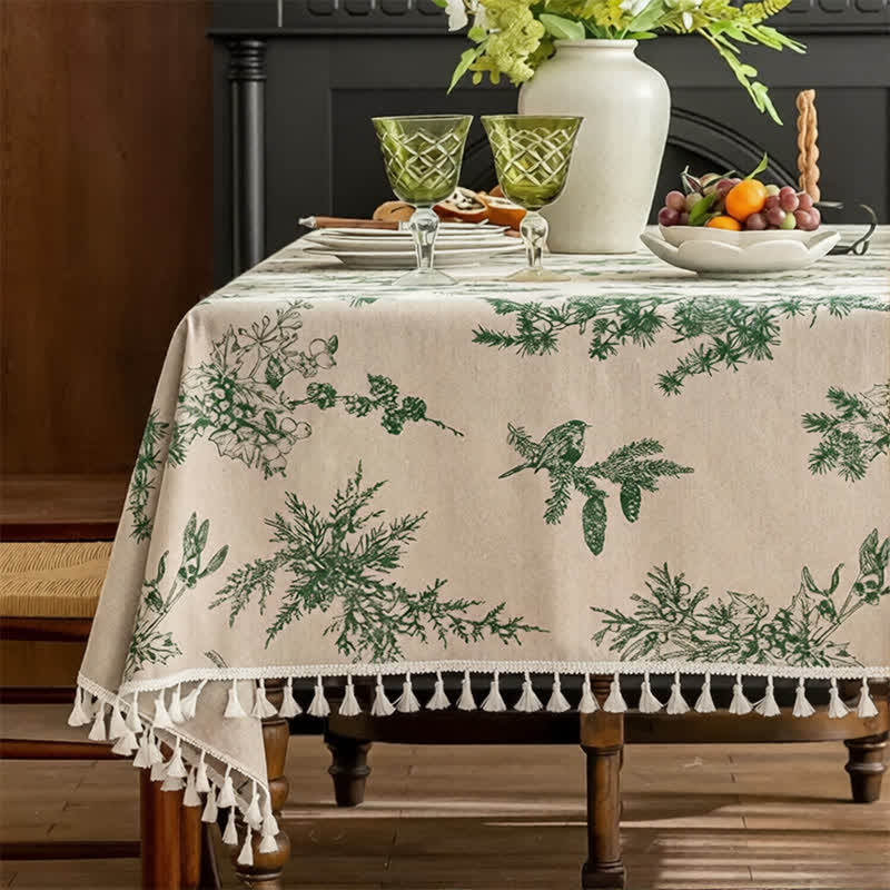 Ownkoti Greenery Print Fringed Dining Cover  - Round - 59" - image 0