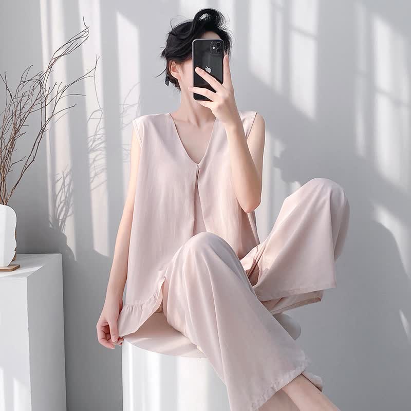 Ownkoti Solid Color Tank & Pants Pajama Set - Apricot - XXL - image 0