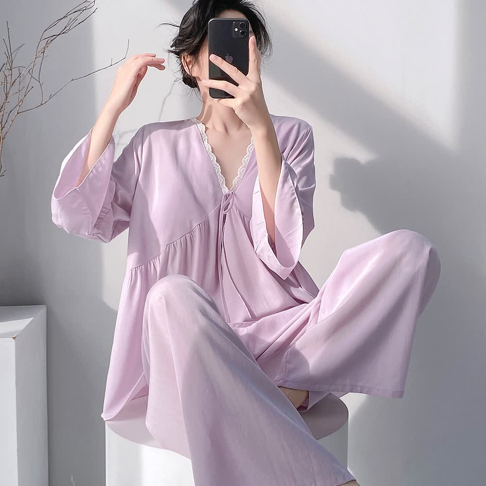 Ownkoti Solid V-Neck Lace Trim Pajama Set - image 1