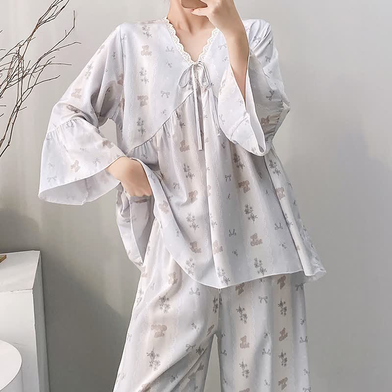 Ownkoti Floral & Bow V-Neck Lace Trim Pajama Set - image 6