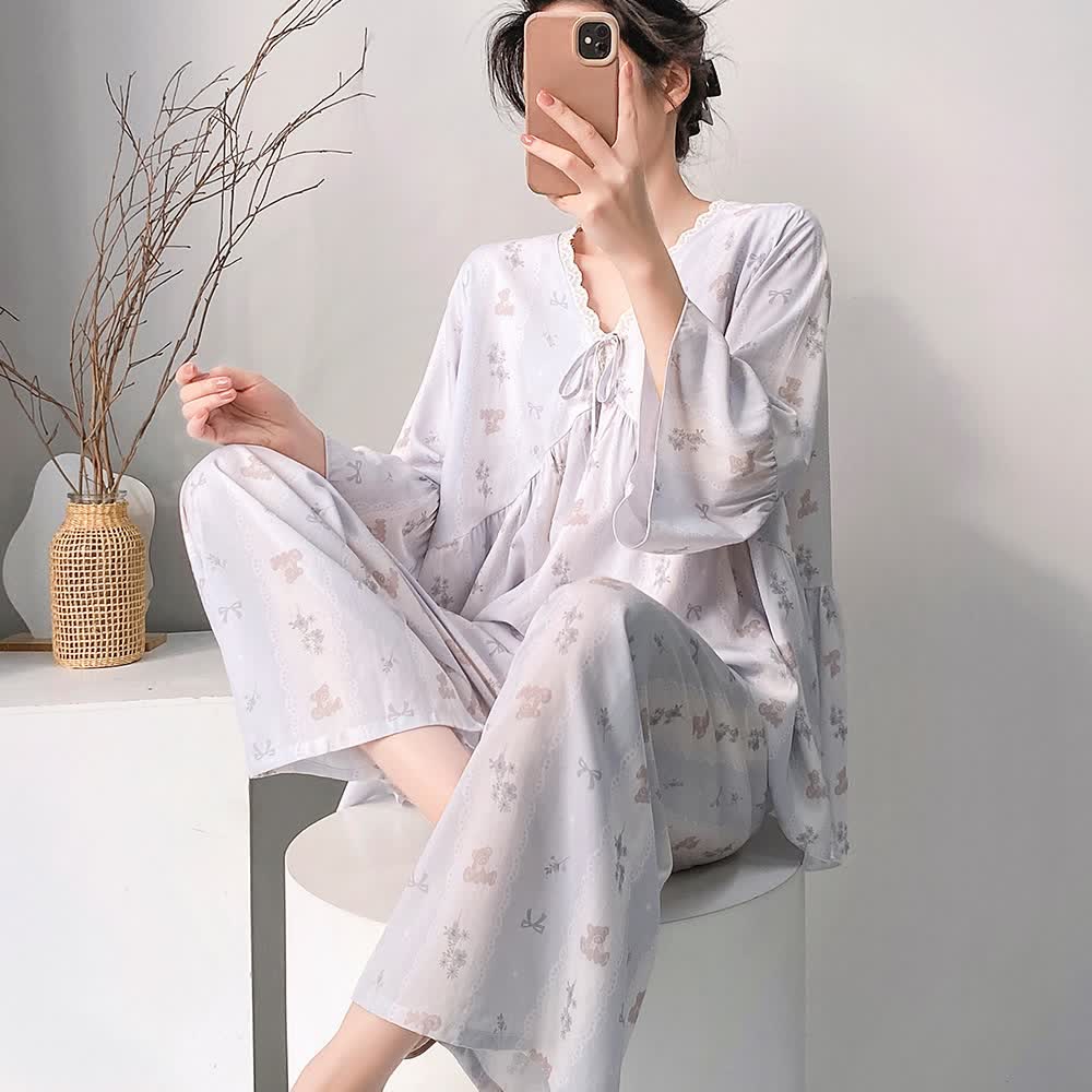 Ownkoti Floral & Bow V-Neck Lace Trim Pajama Set - image 4