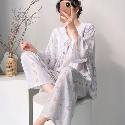 Ownkoti Floral & Bow V-Neck Lace Trim Pajama Set - image 4