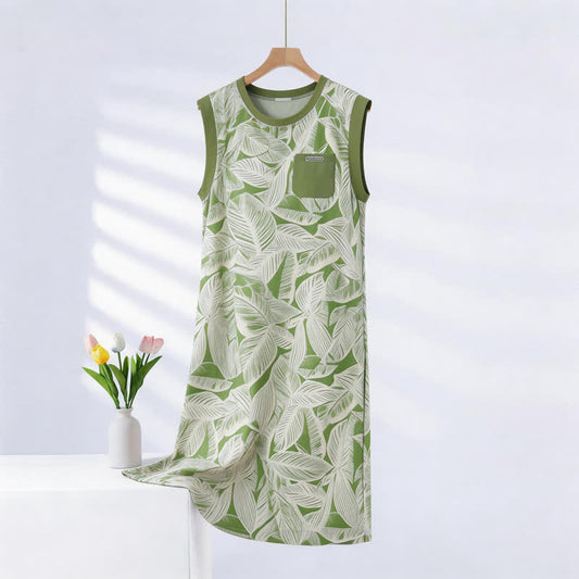 Ownkoti Botanical Cotton Sleeveless Lounge Dress - Green - 2XL - image 0