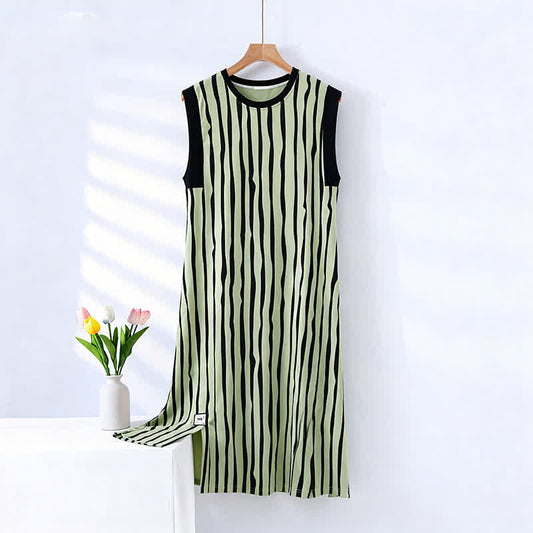 Ownkoti Vertical Stripe Cotton Sleeveless Nightgown - Green - XXL - image 0