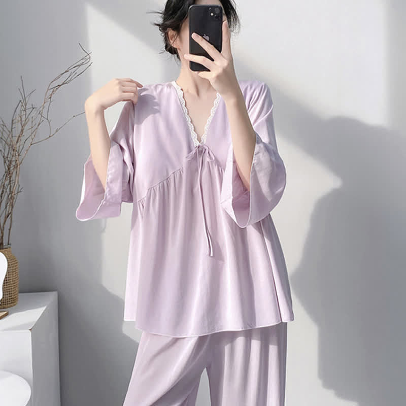 Ownkoti Solid V-Neck Lace Trim Pajama Set - image 3