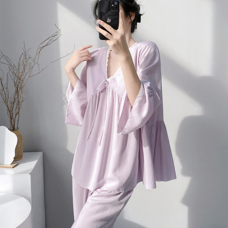 Ownkoti Solid V-Neck Lace Trim Pajama Set - image 4