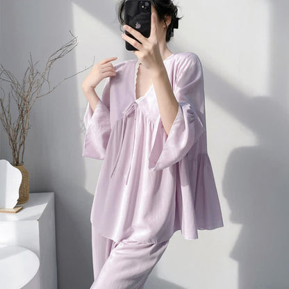 Ownkoti Solid V-Neck Lace Trim Pajama Set - image 4