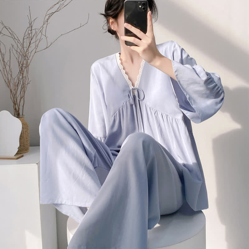 Ownkoti Solid V-Neck Lace Trim Pajama Set - image 7
