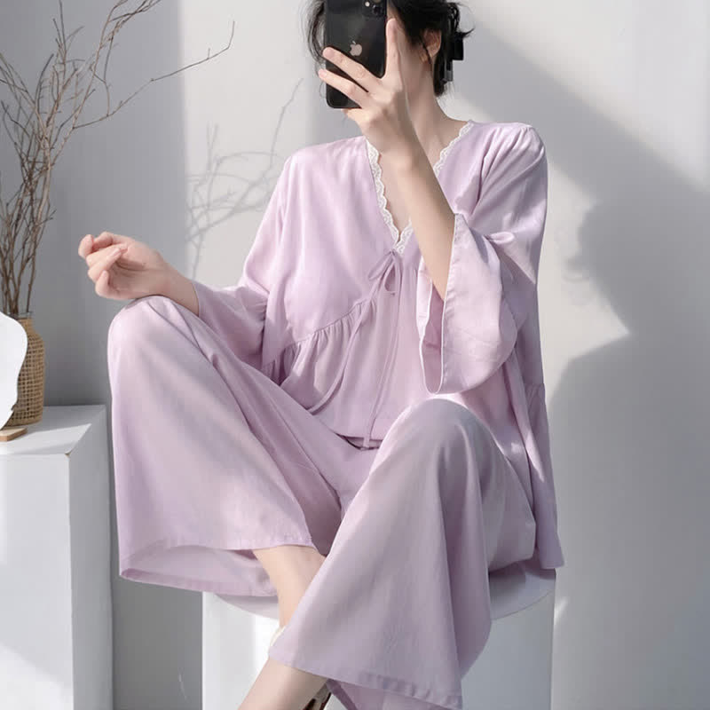 Ownkoti Solid V-Neck Lace Trim Pajama Set - image 2