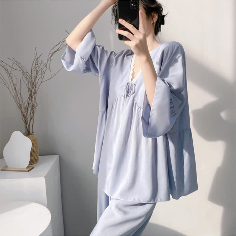 Ownkoti Solid V-Neck Lace Trim Pajama Set - image 9