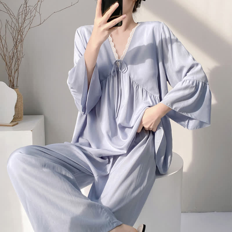 Ownkoti Solid V-Neck Lace Trim Pajama Set - image 8