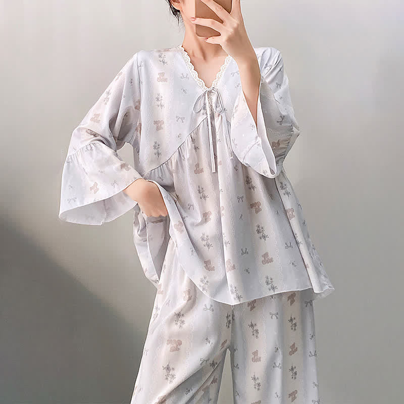 Ownkoti Floral & Bow V-Neck Lace Trim Pajama Set - image 1