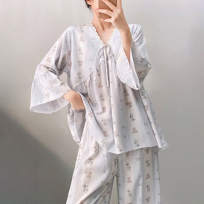 Ownkoti Floral & Bow V-Neck Lace Trim Pajama Set - image 1
