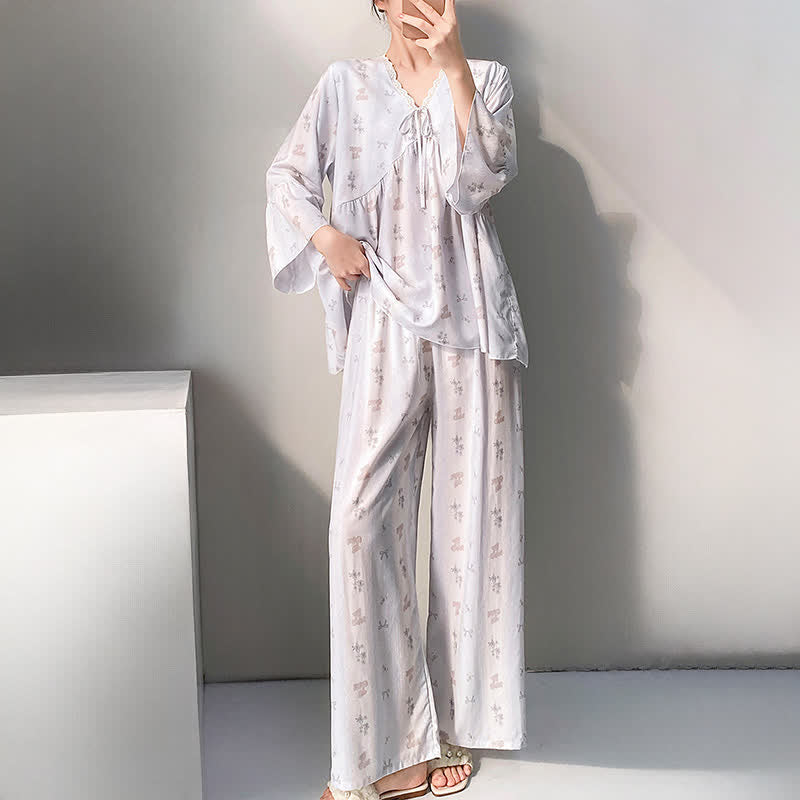Ownkoti Floral & Bow V-Neck Lace Trim Pajama Set - image 2
