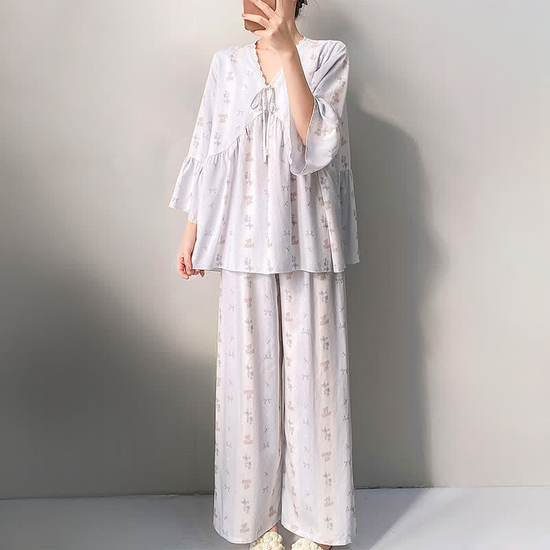 Ownkoti Floral & Bow V-Neck Lace Trim Pajama Set - image 3
