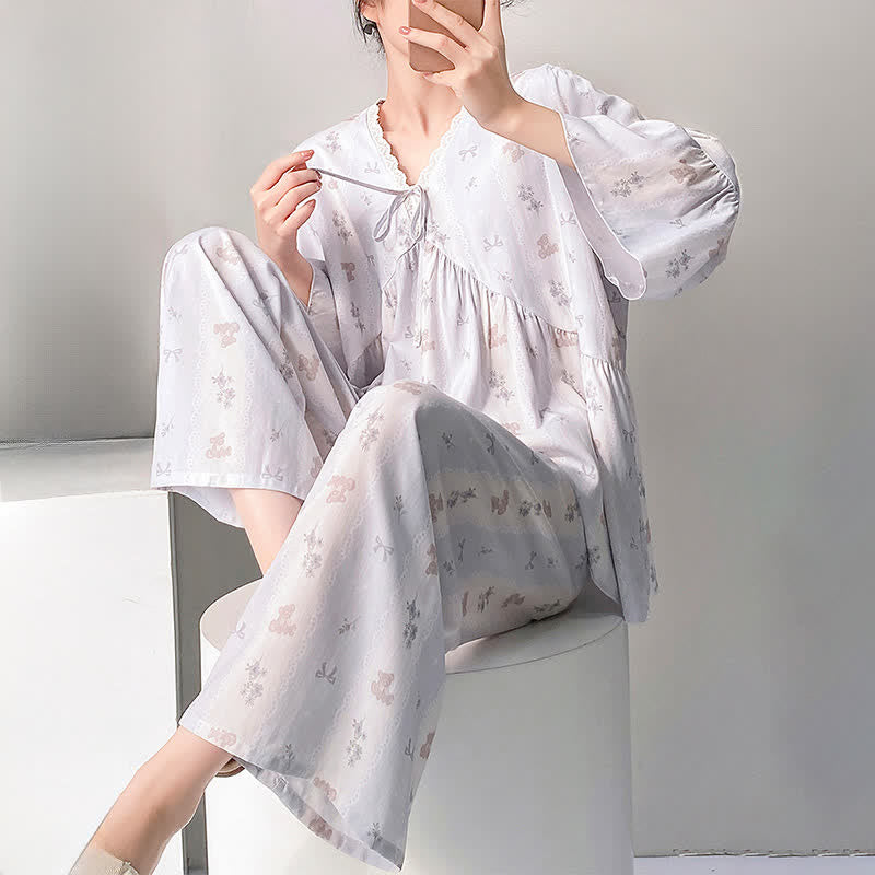 Ownkoti Floral & Bow V-Neck Lace Trim Pajama Set - image 5