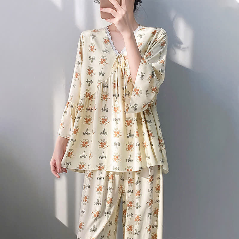 Ownkoti Rustic Floral & Bow Lace Trim Pajamas - image 2