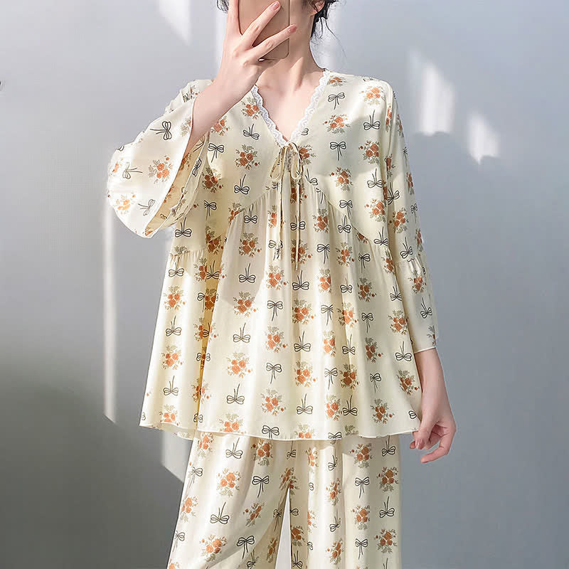 Ownkoti Rustic Floral & Bow Lace Trim Pajamas - image 1