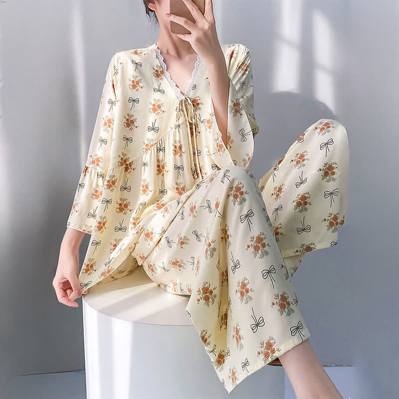 Ownkoti Rustic Floral & Bow Lace Trim Pajamas - image 4