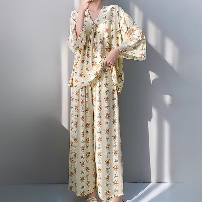 Ownkoti Rustic Floral & Bow Lace Trim Pajamas - image 3