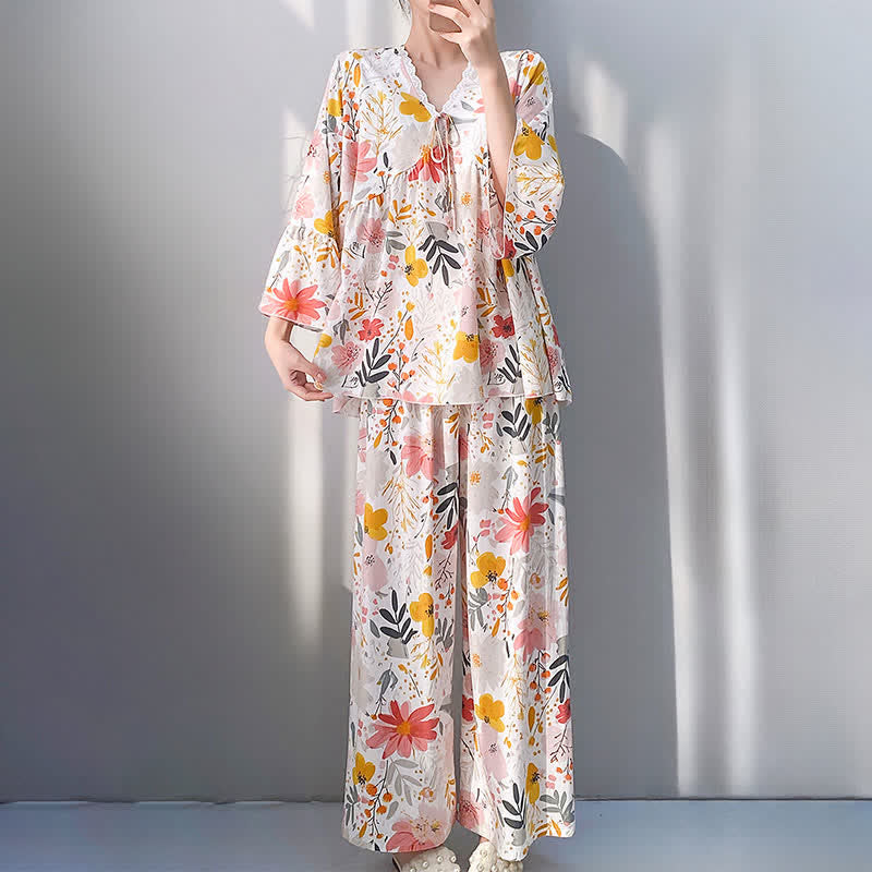 Ownkoti Floral & Leaf Lace Trim Pajama Set - image 3