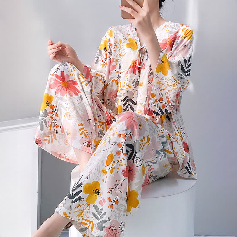 Ownkoti Floral & Leaf Lace Trim Pajama Set - image 2