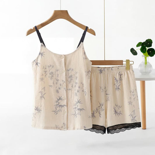 Ownkoti Elegant Leaf Sleeveless Pajama Set - Beige - XXL - image 0