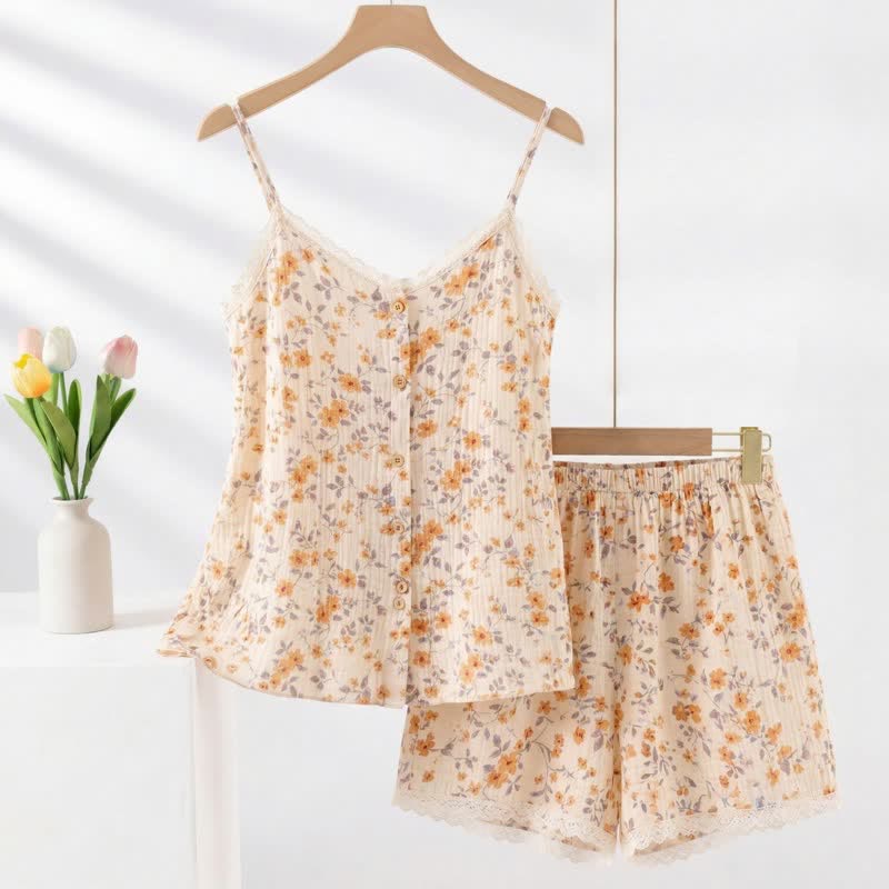 Ownkoti Country Style Floral Sleeveless Pajama Set - Beige - XXL - image 0