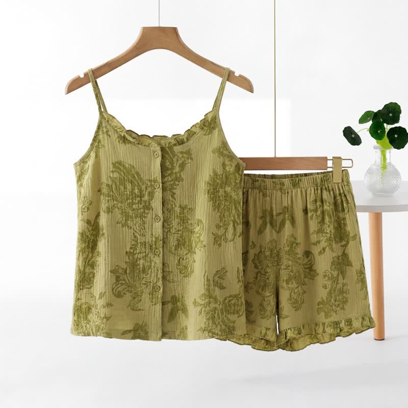 Ownkoti Vintage Green Leaf Sleeveless Pajama Set - Green - XXL - image 0