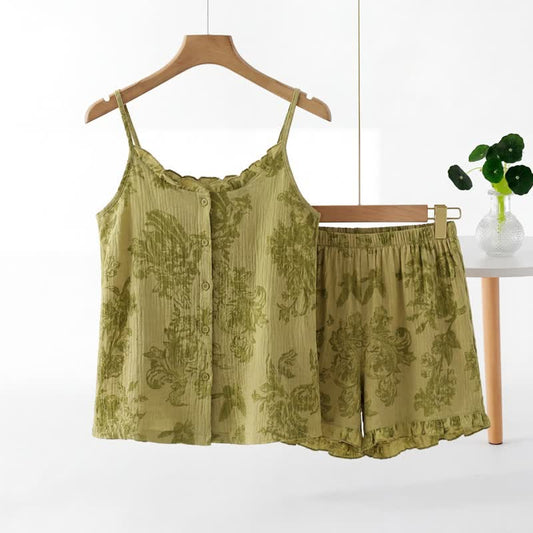 Ownkoti Vintage Green Leaf Sleeveless Pajama Set - Green - XXL - image 0