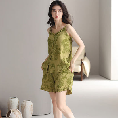 Ownkoti Vintage Green Leaf Sleeveless Pajama Set - image 1